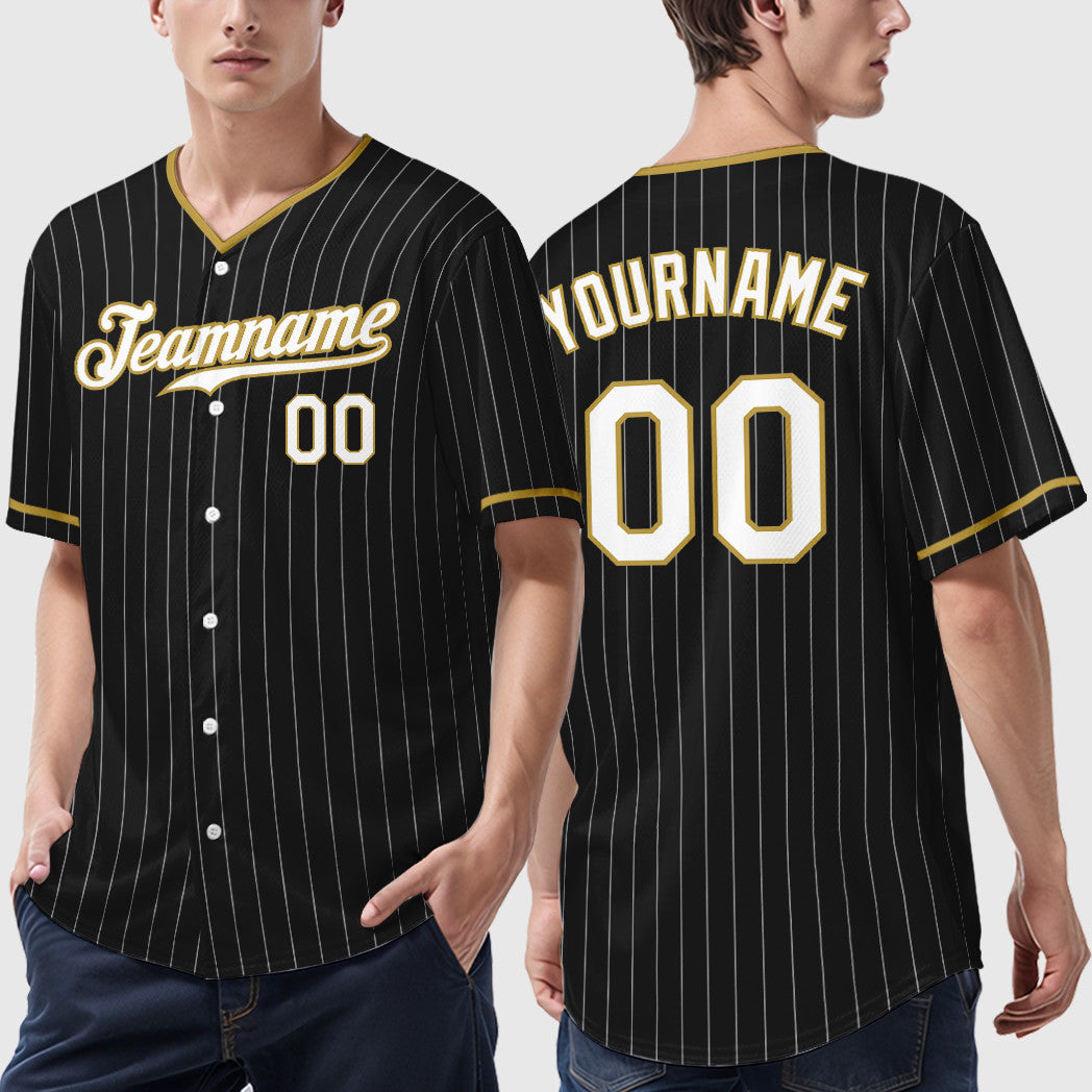 Custom Black White White-Old Gold Pinstripe Baseball Jersey