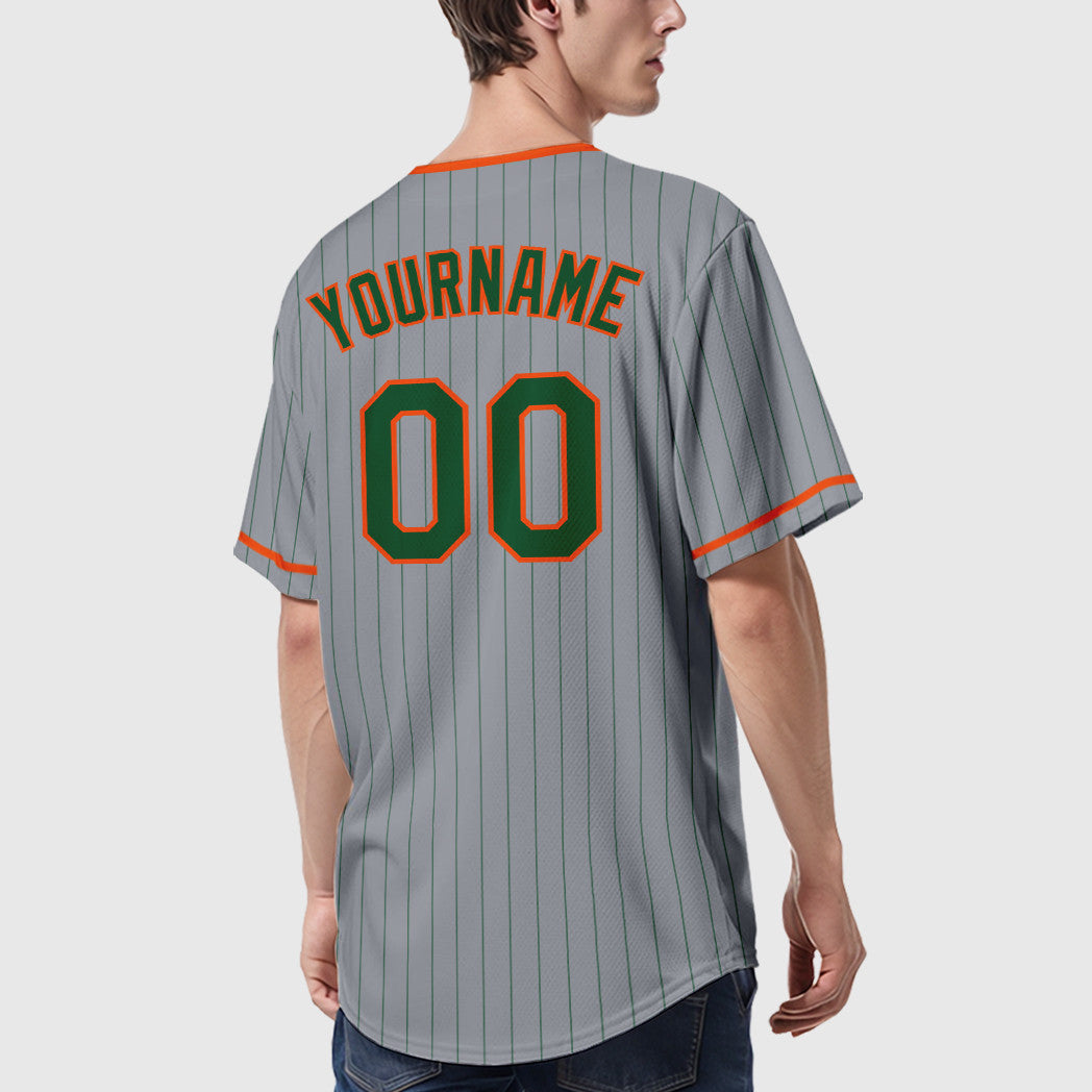 Custom Gray Green Orange Pinstripe Baseball Jersey