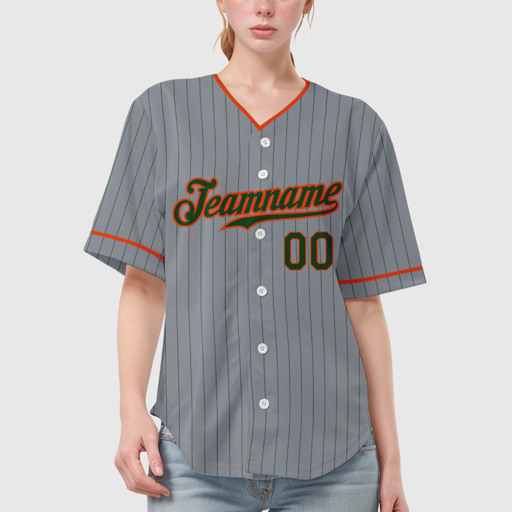 Custom Gray Green Orange Pinstripe Baseball Jersey