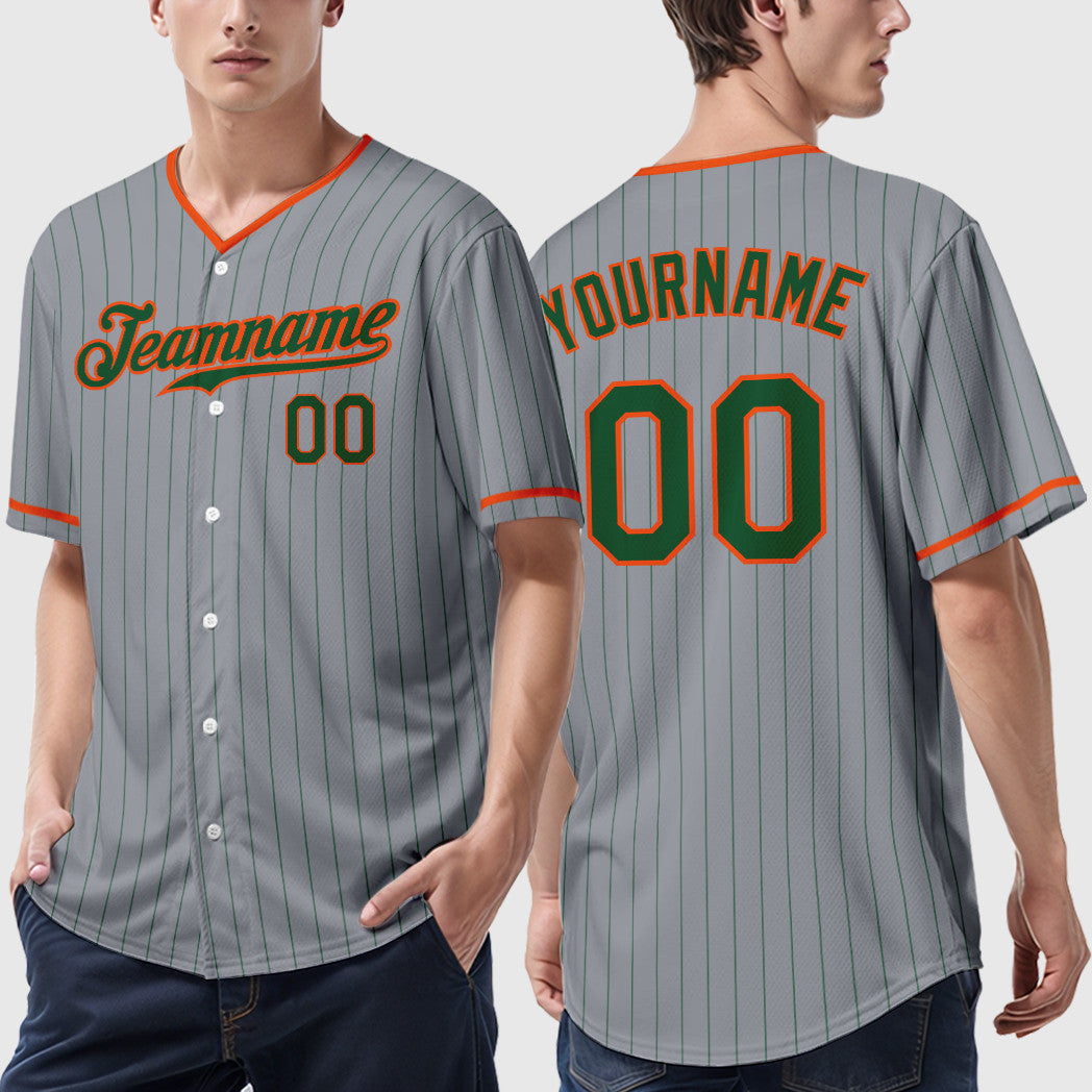 Custom Gray Green Orange Pinstripe Baseball Jersey