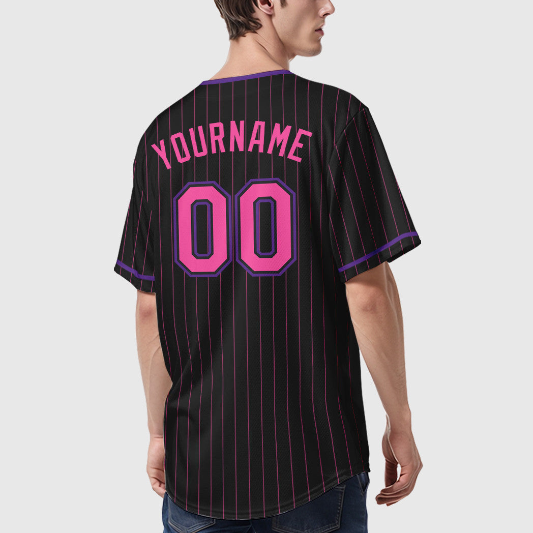 Custom Black Pink Pink-Purple Pinstripe Baseball Jersey