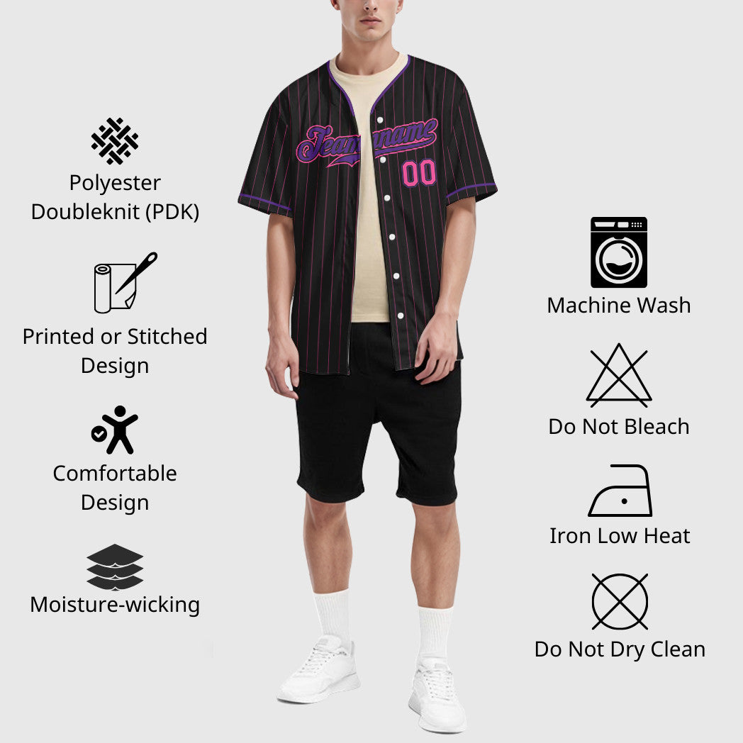 Custom Black Pink Pink-Purple Pinstripe Baseball Jersey