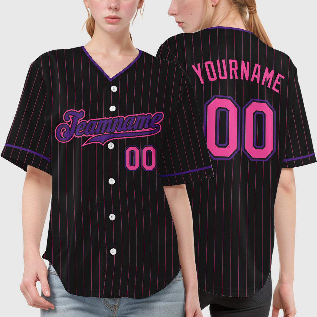 Custom Black Pink Pink-Purple Pinstripe Baseball Jersey