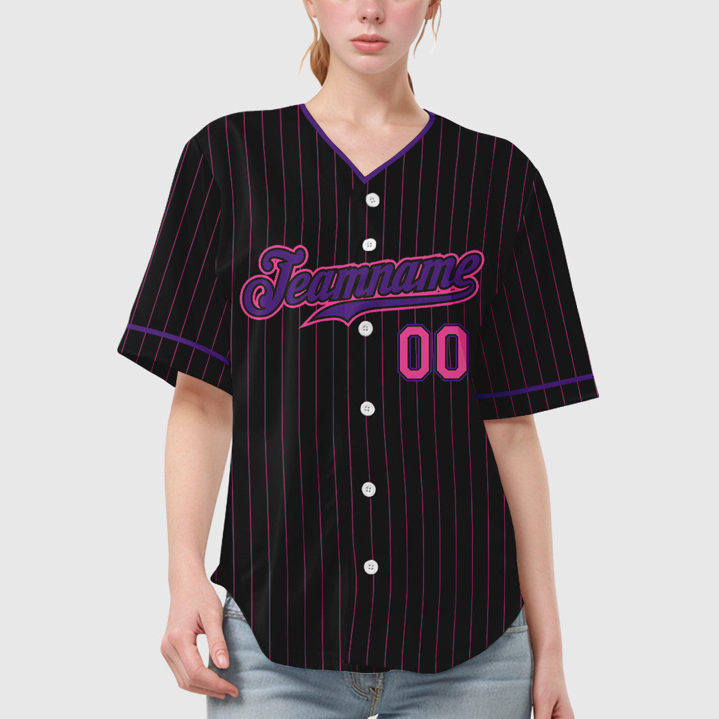 Custom Black Pink Pink-Purple Pinstripe Baseball Jersey