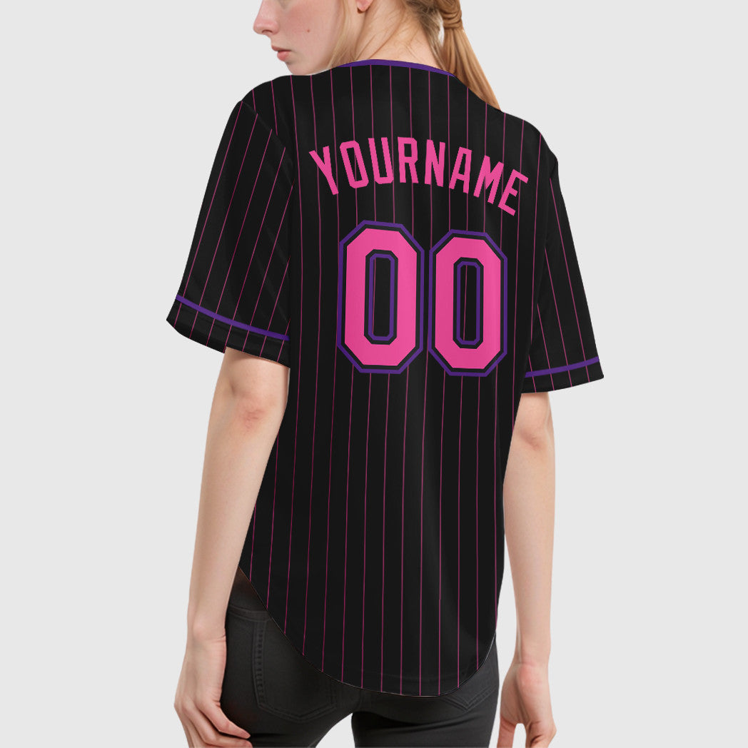 Custom Black Pink Pink-Purple Pinstripe Baseball Jersey
