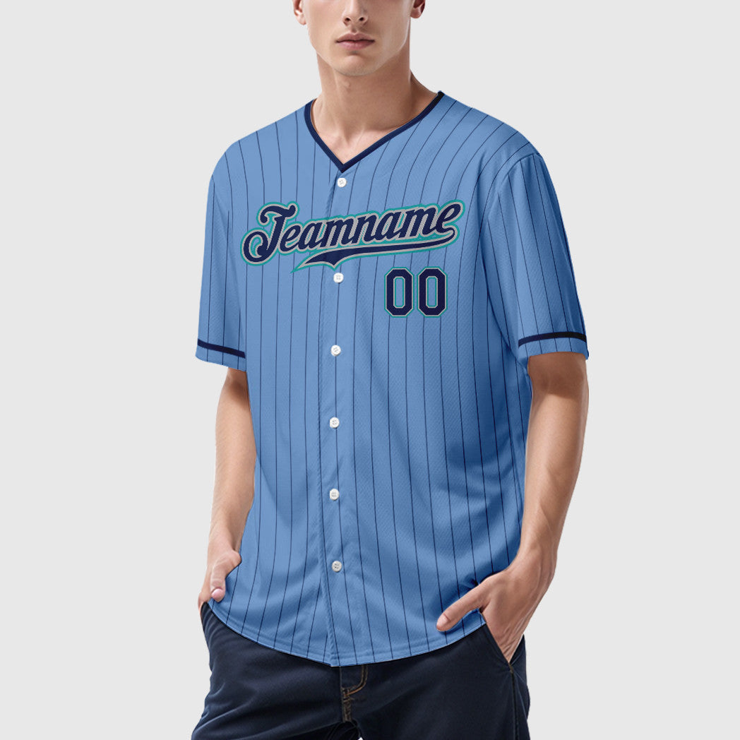 Custom Light Blue Navy Navy-Teal Pinstripe Baseball Jersey