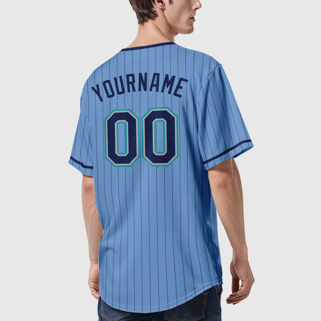 Custom Light Blue Navy Navy-Teal Pinstripe Baseball Jersey