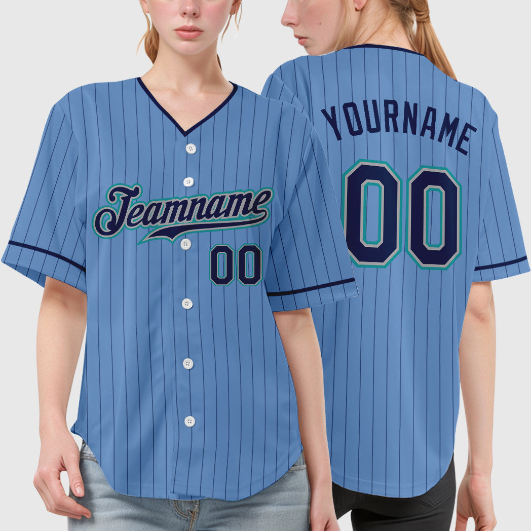 Custom Light Blue Navy Navy-Teal Pinstripe Baseball Jersey