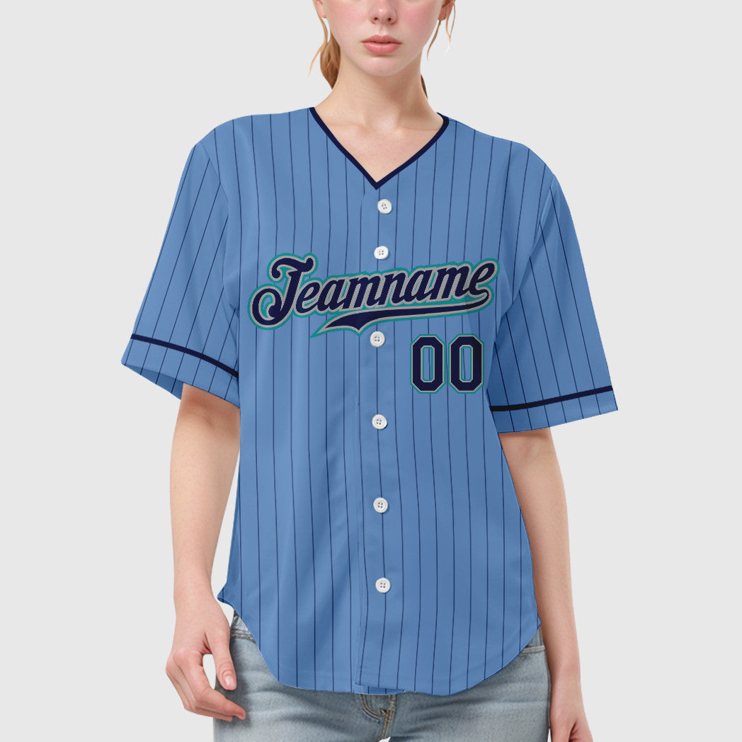 Custom Light Blue Navy Navy-Teal Pinstripe Baseball Jersey