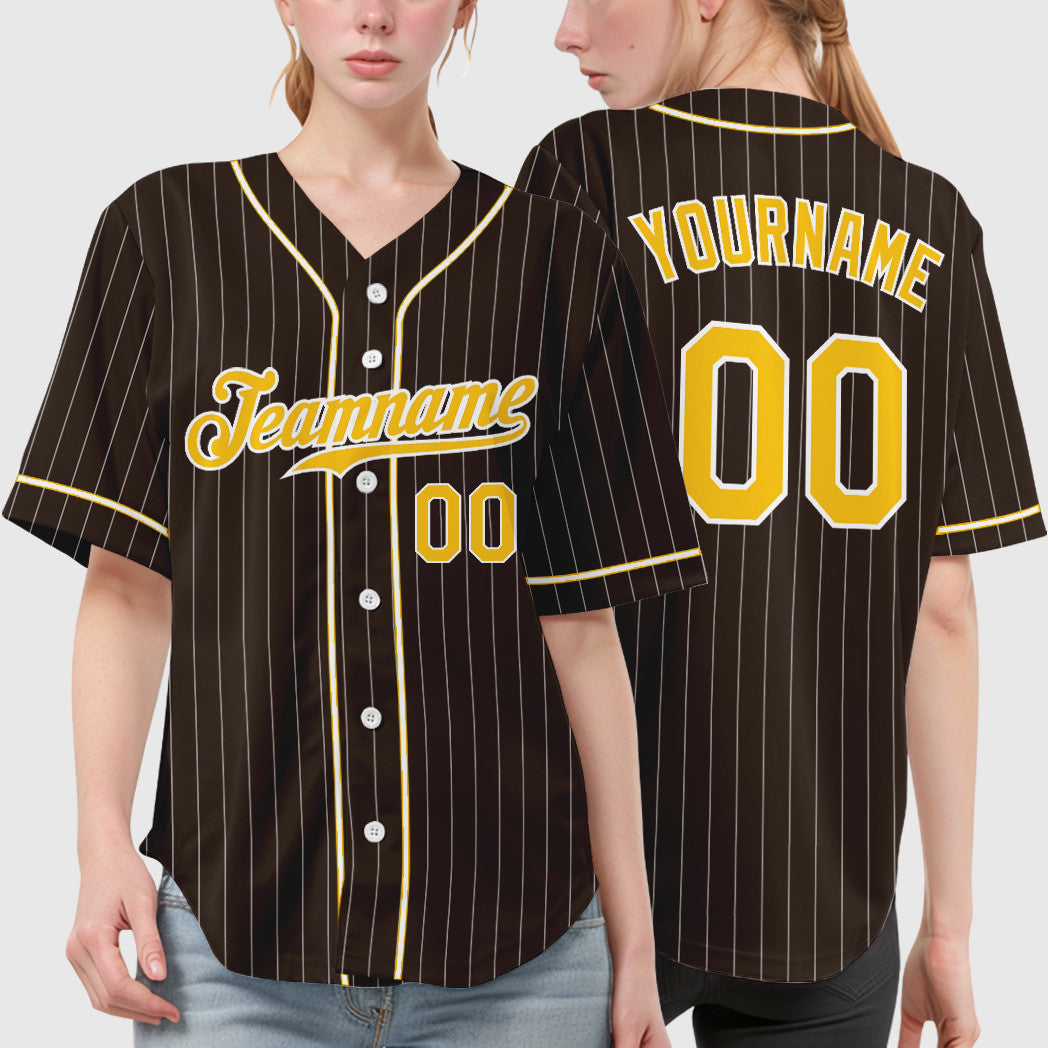 Custom Brown White Gold Piping Pinstripe Baseball Jersey