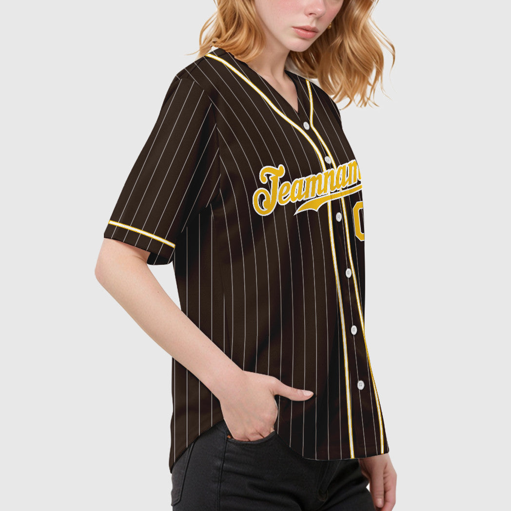 Custom Brown White Gold Piping Pinstripe Baseball Jersey