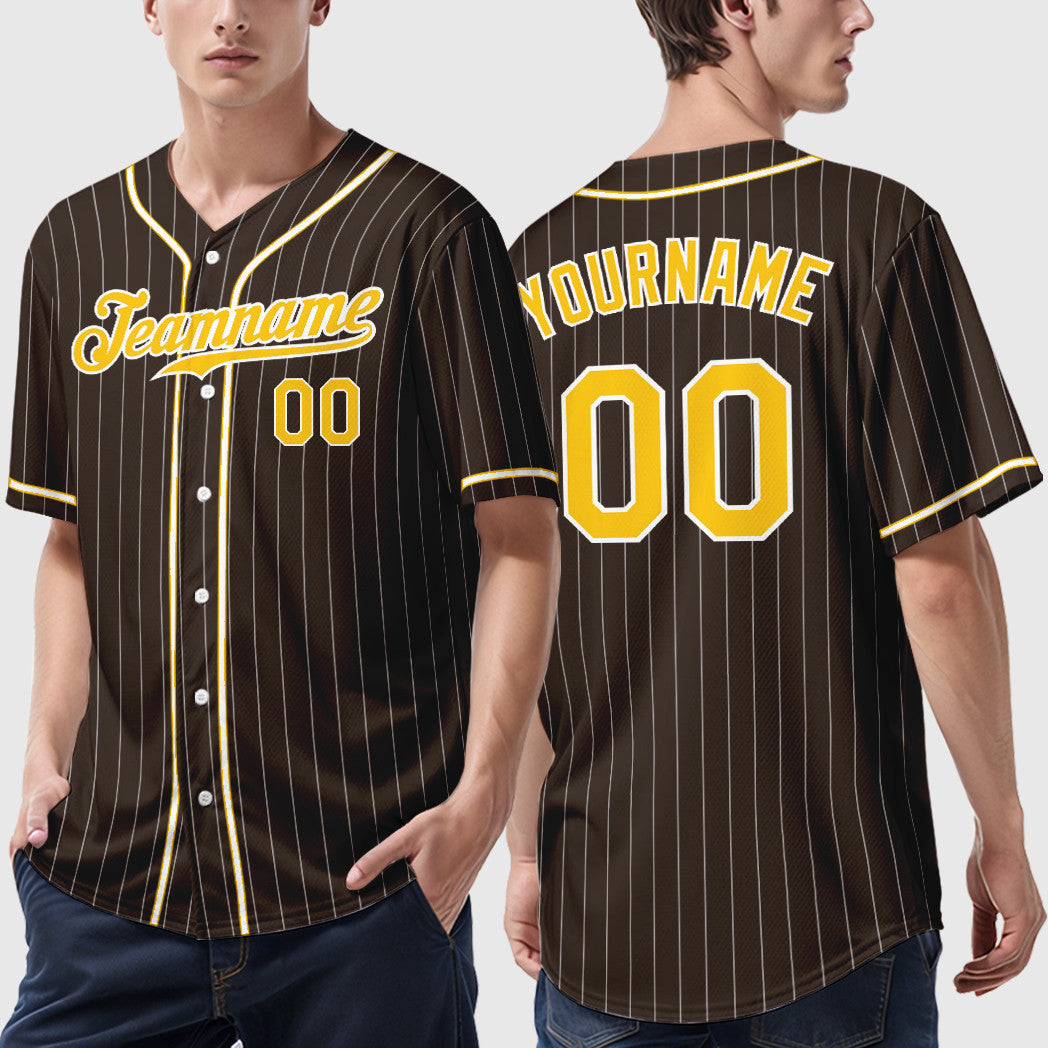 Custom Brown White Gold Piping Pinstripe Baseball Jersey