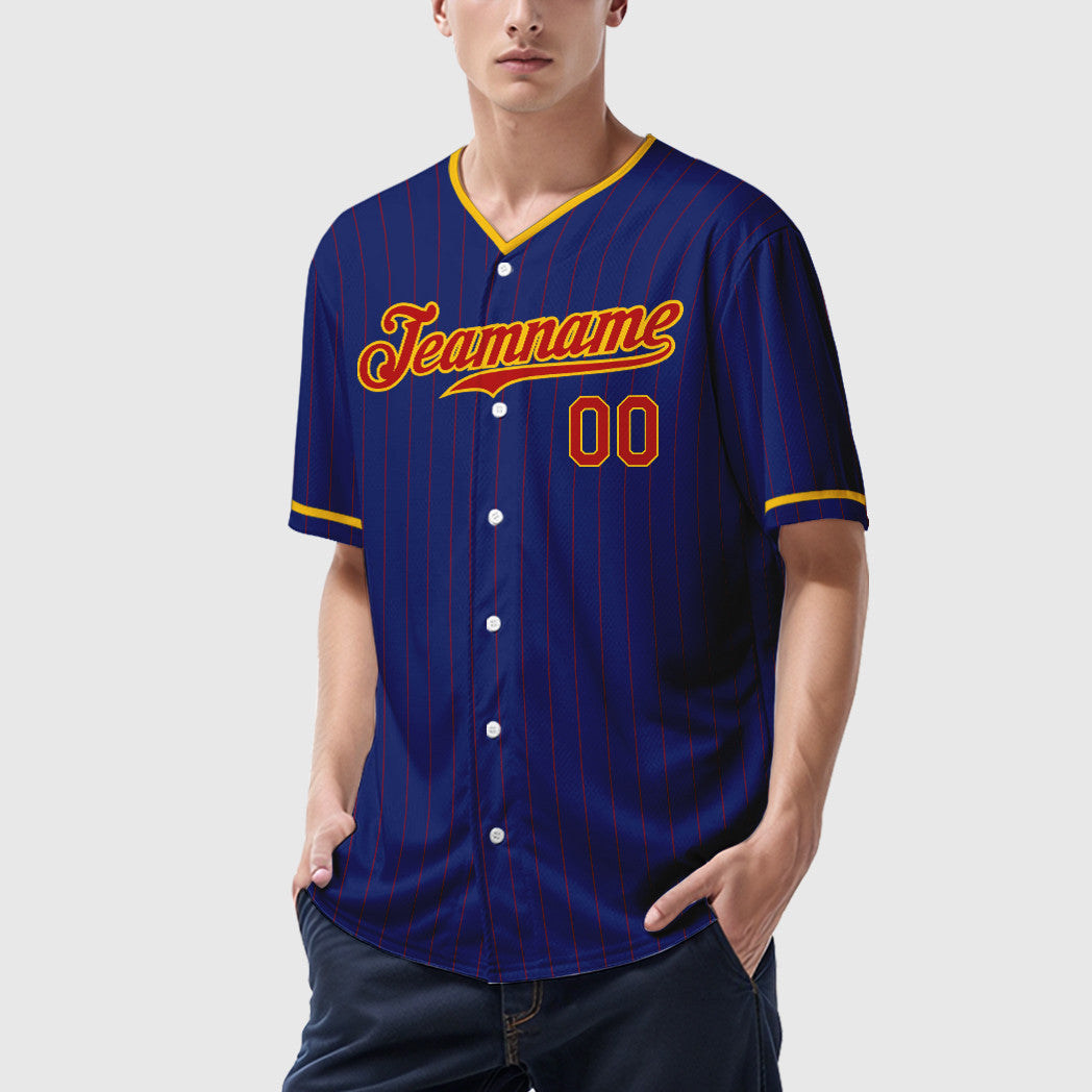 Custom Royal Red Yellow Pinstripe Baseball Jersey