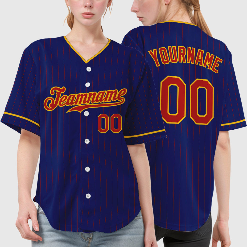 Custom Royal Red Yellow Pinstripe Baseball Jersey