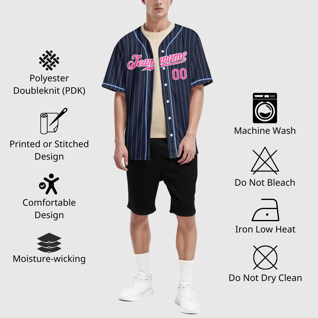 Custom Navy White Pink Piping Pinstripe Baseball Jersey