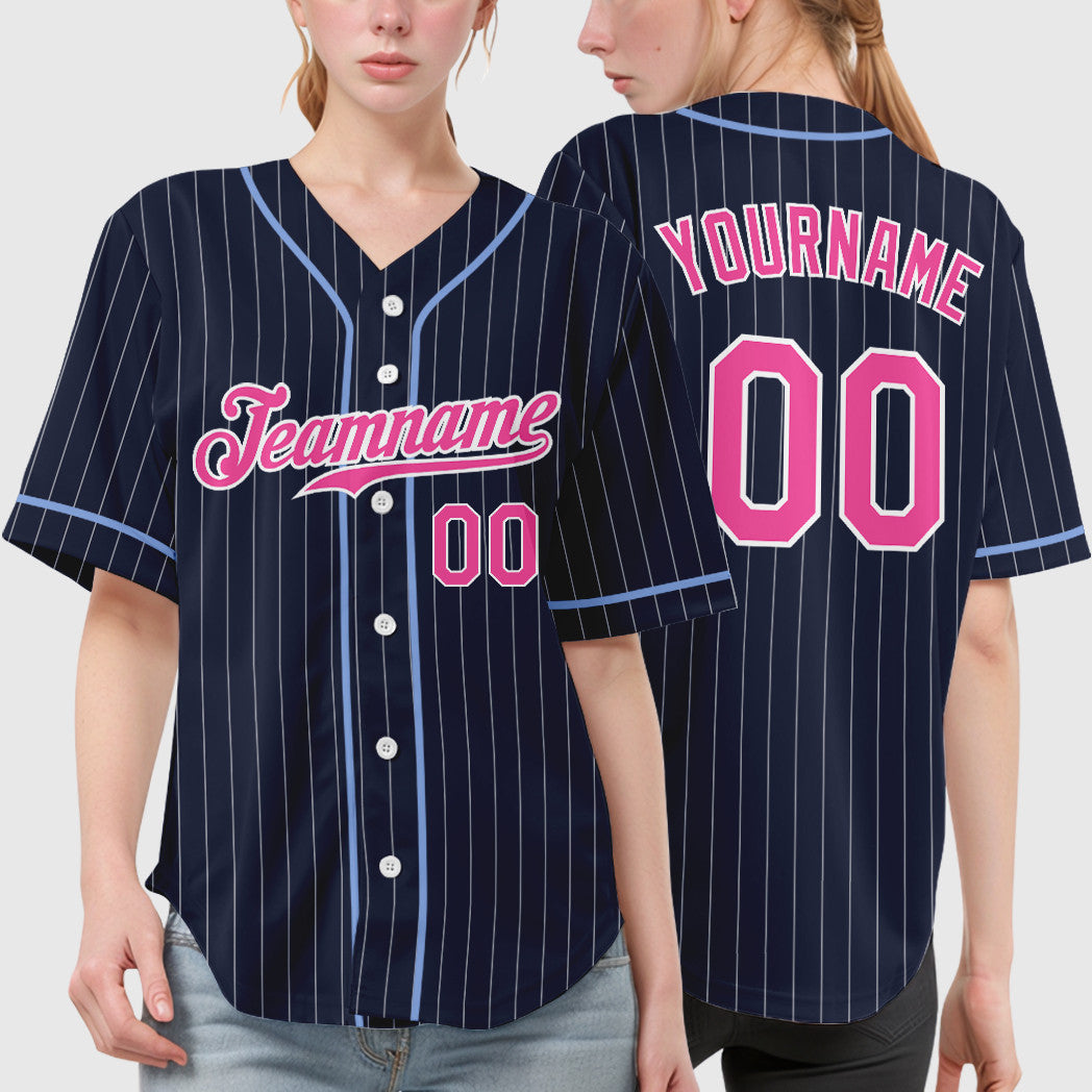 Custom Navy White Pink Piping Pinstripe Baseball Jersey