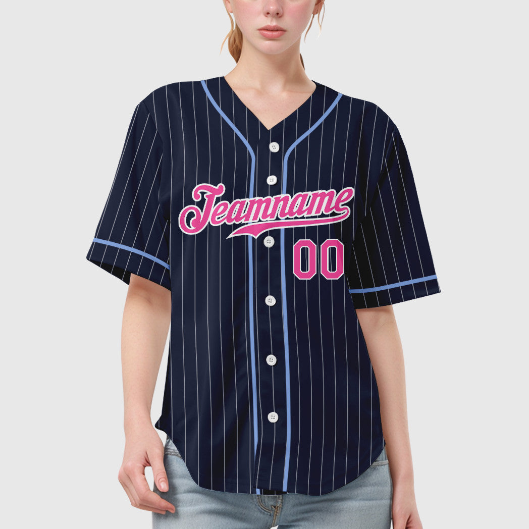 Custom Navy White Pink Piping Pinstripe Baseball Jersey