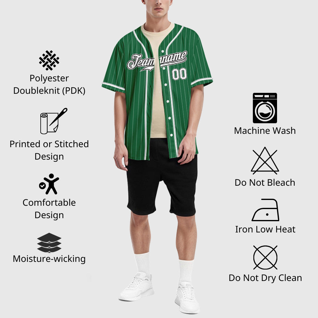 Custom Kelly Green White White Black-Gray Piping Pinstripe Baseball Jersey