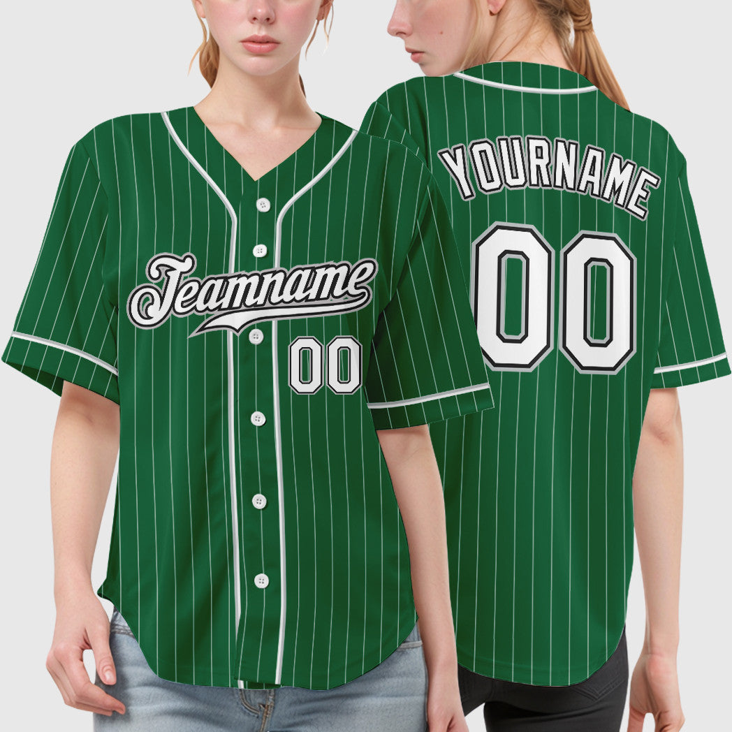 Custom Kelly Green White White Black-Gray Piping Pinstripe Baseball Jersey