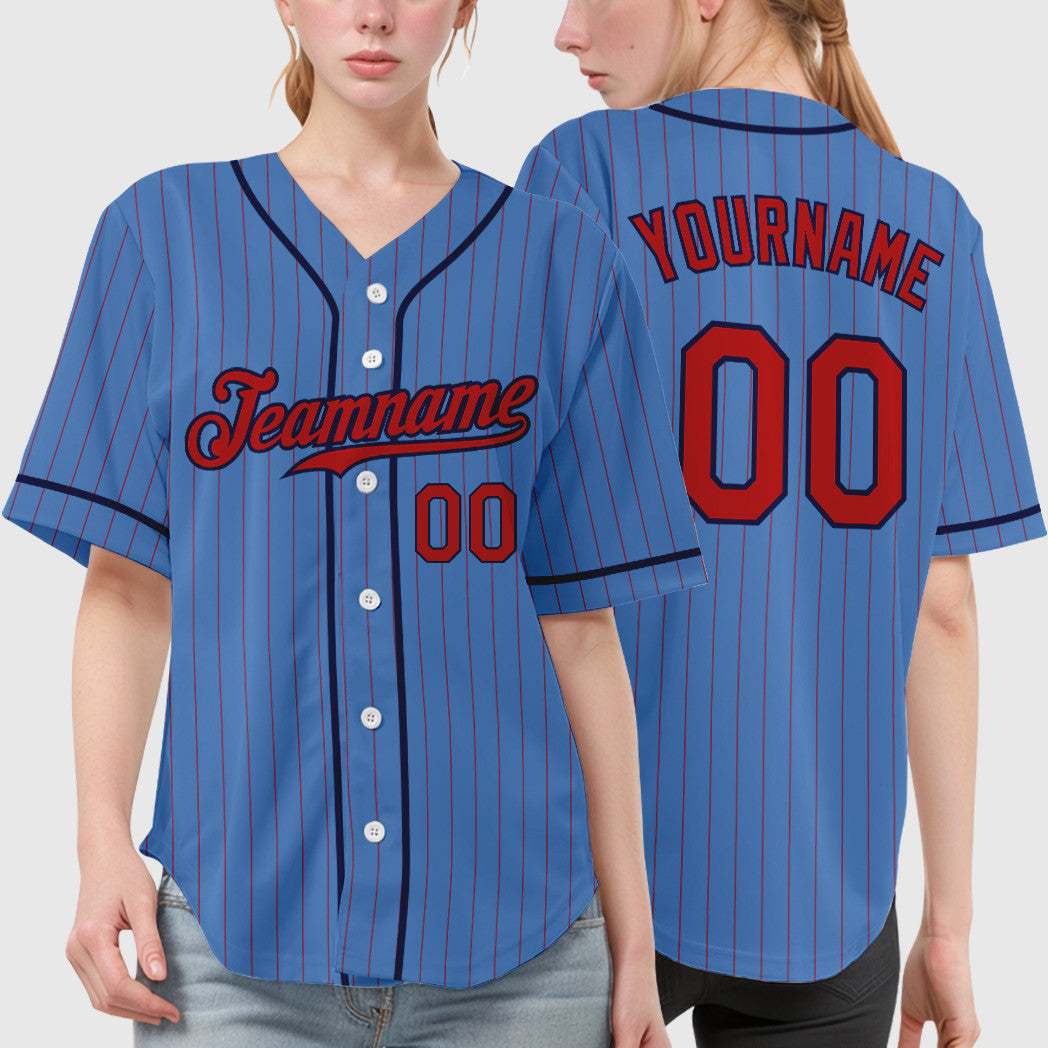 Custom Powder Blue Red Navy Piping Pinstripe Baseball Jersey