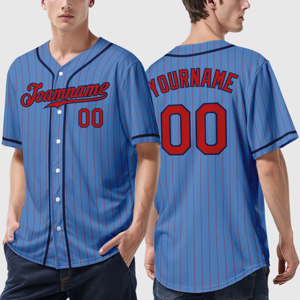 Custom Powder Blue Red Navy Piping Pinstripe Baseball Jersey