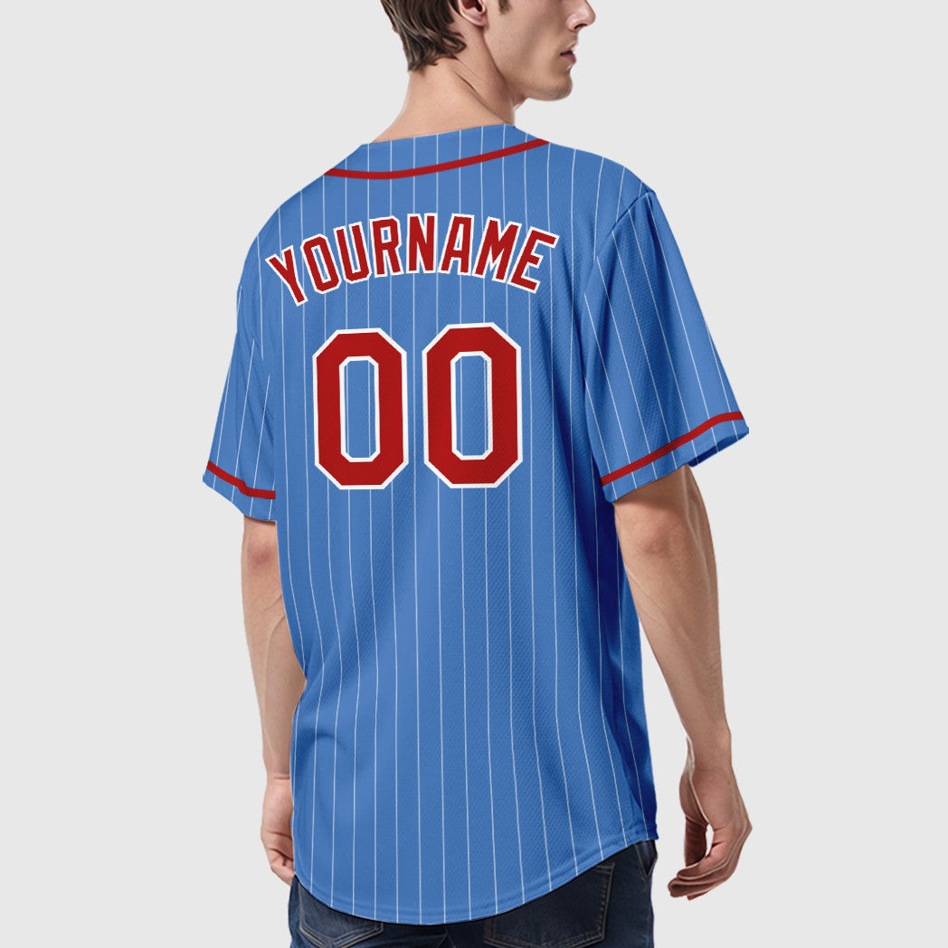Custom Powder Blue White Red Piping Pinstripe Baseball Jersey