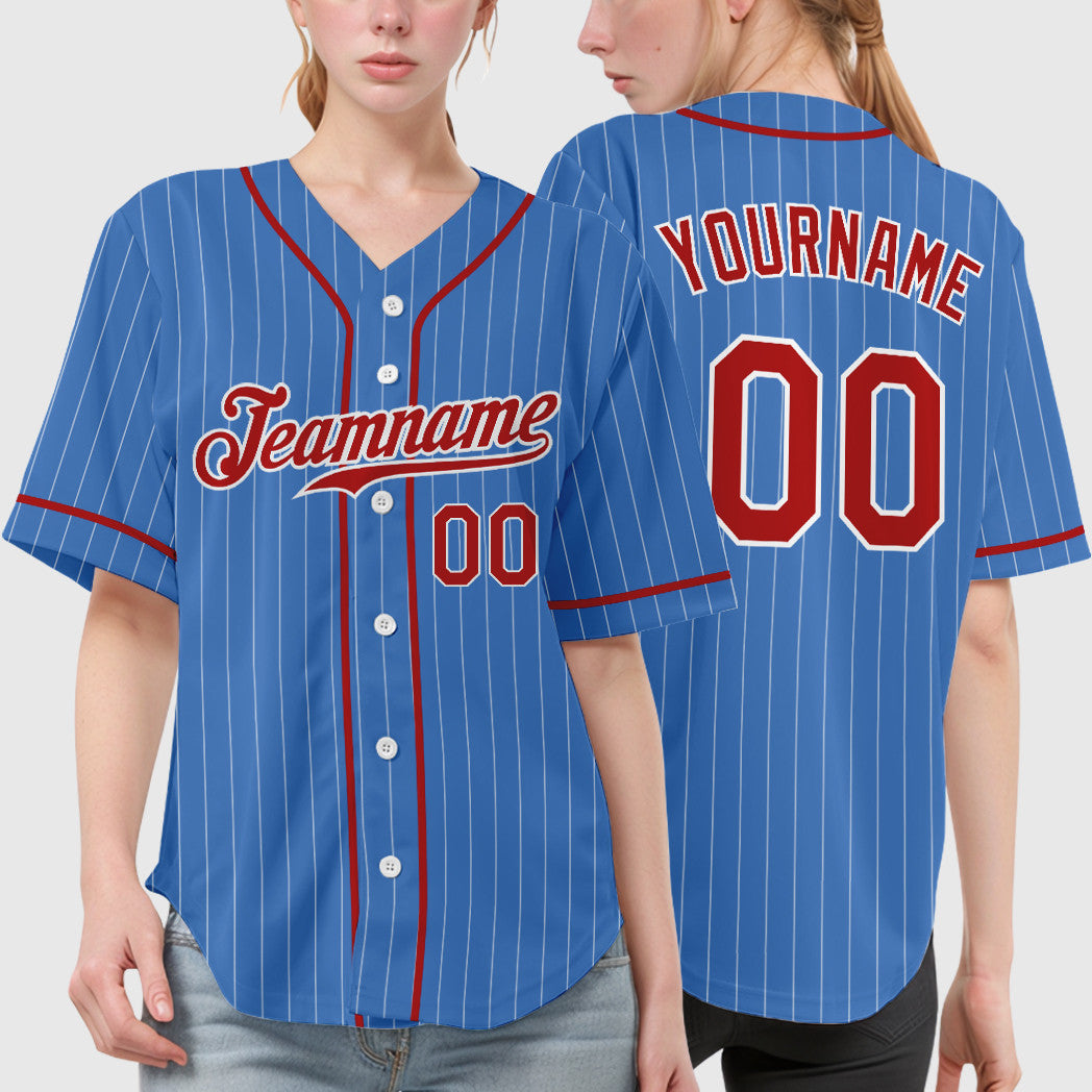 Custom Powder Blue White Red Piping Pinstripe Baseball Jersey