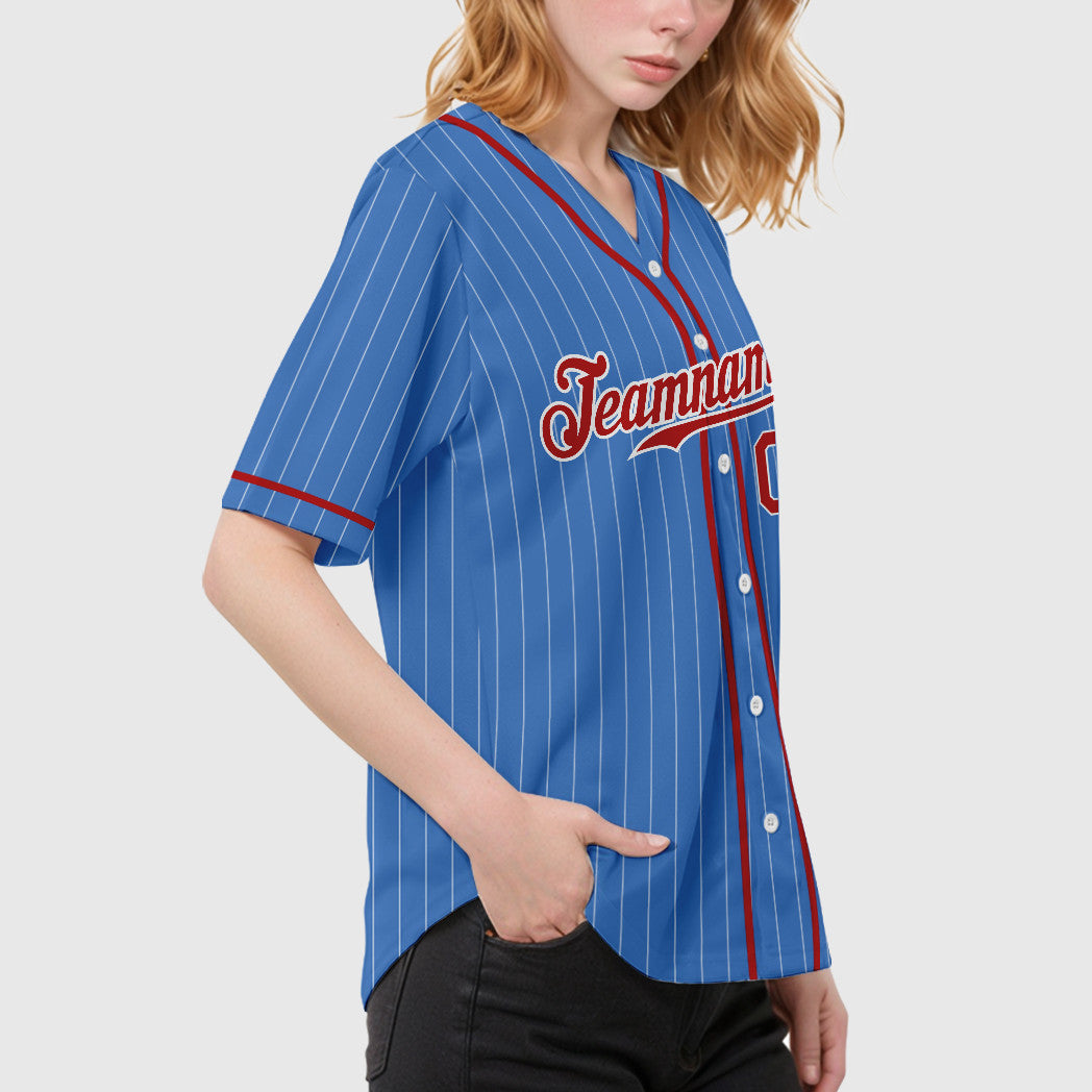 Custom Powder Blue White Red Piping Pinstripe Baseball Jersey