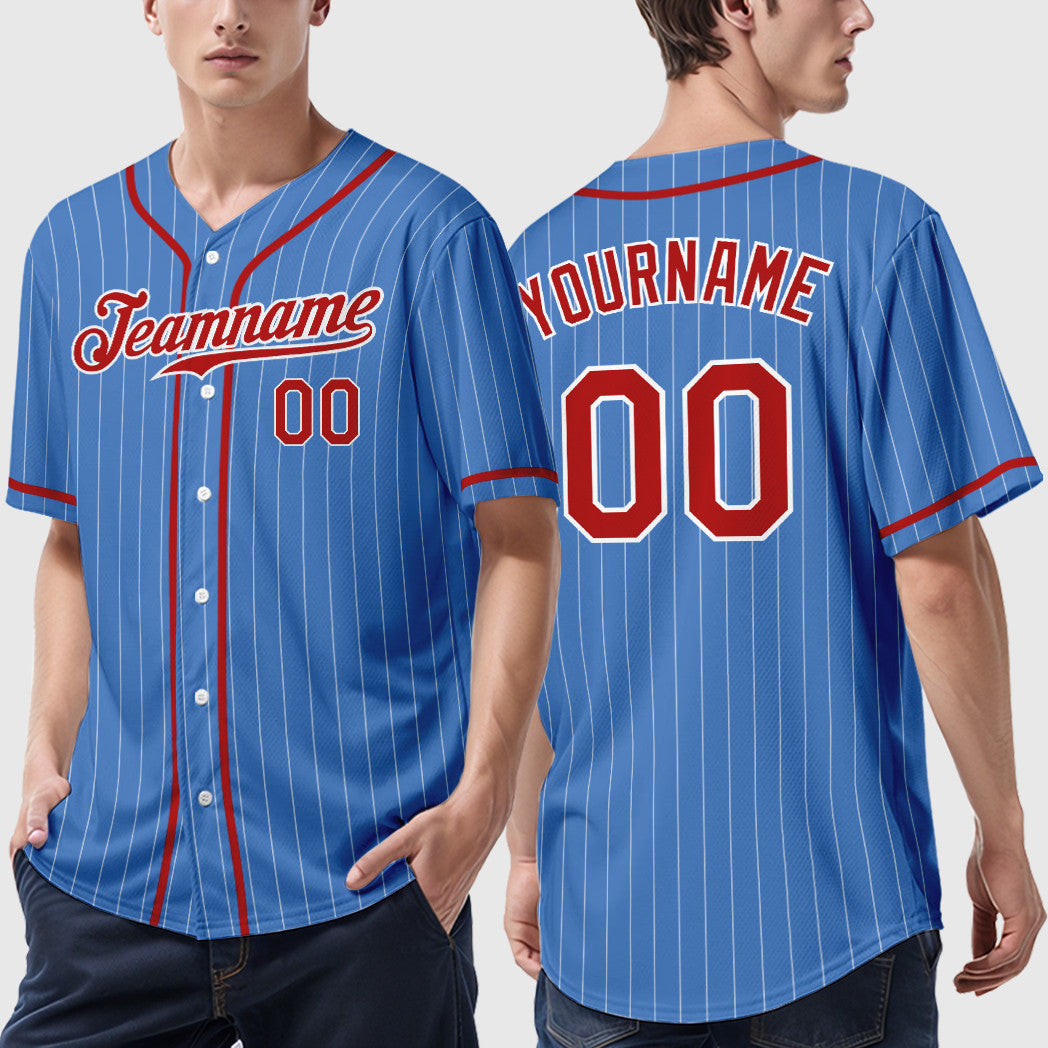 Custom Powder Blue White Red Piping Pinstripe Baseball Jersey