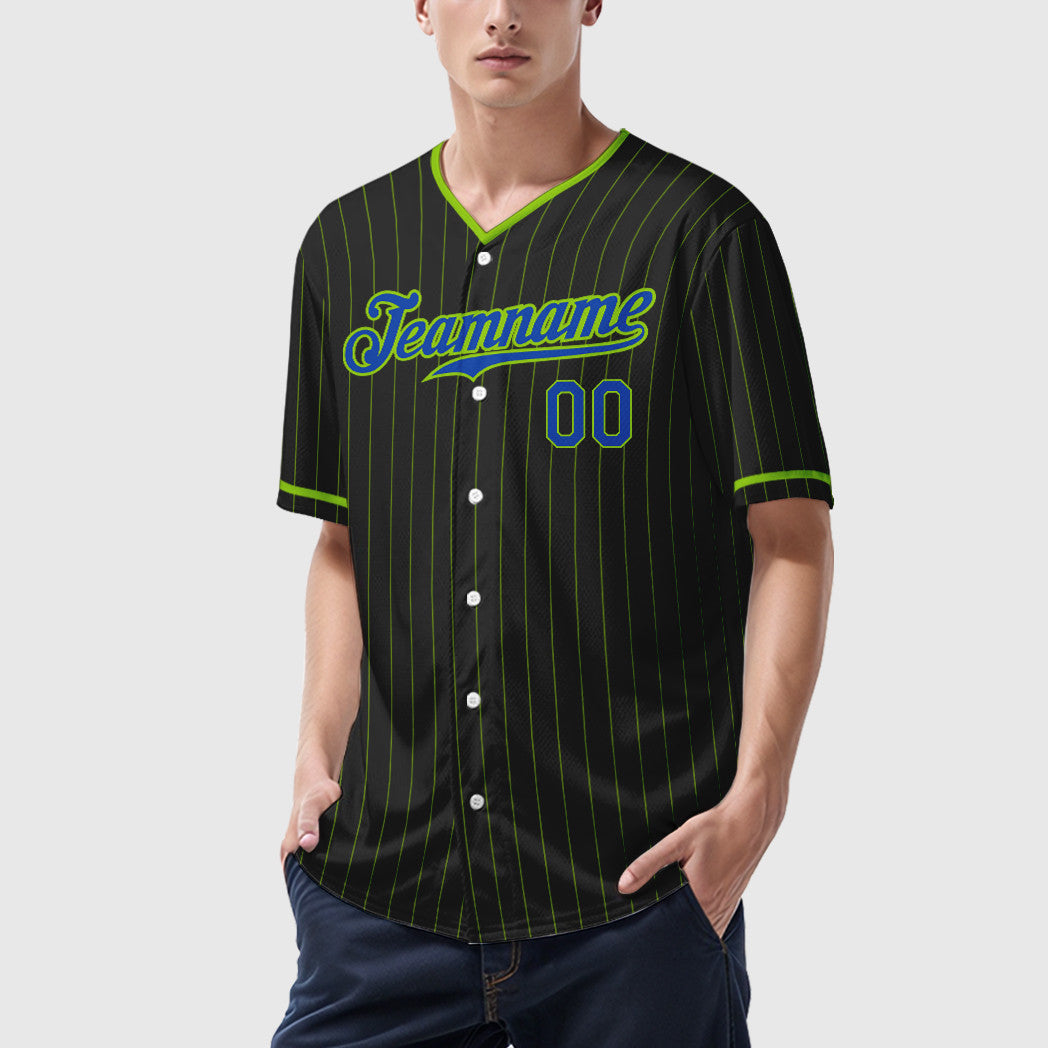 Custom Black Neon Green Thunder Blue Pinstripe Baseball Jersey