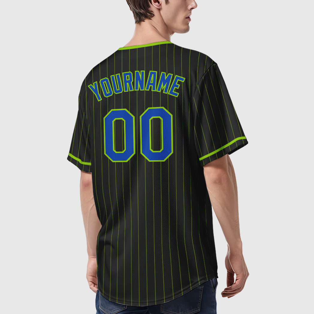 Custom Black Neon Green Thunder Blue Pinstripe Baseball Jersey