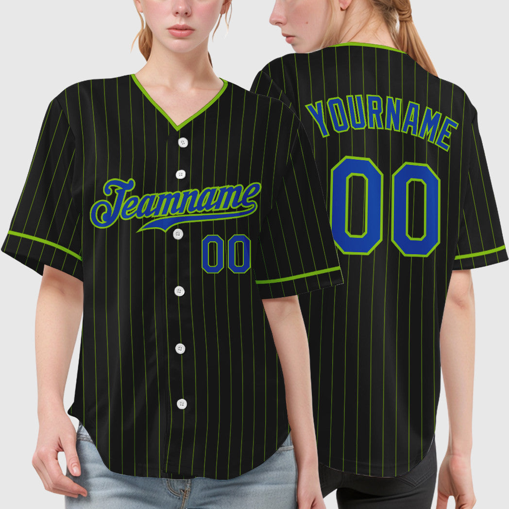 Custom Black Neon Green Thunder Blue Pinstripe Baseball Jersey