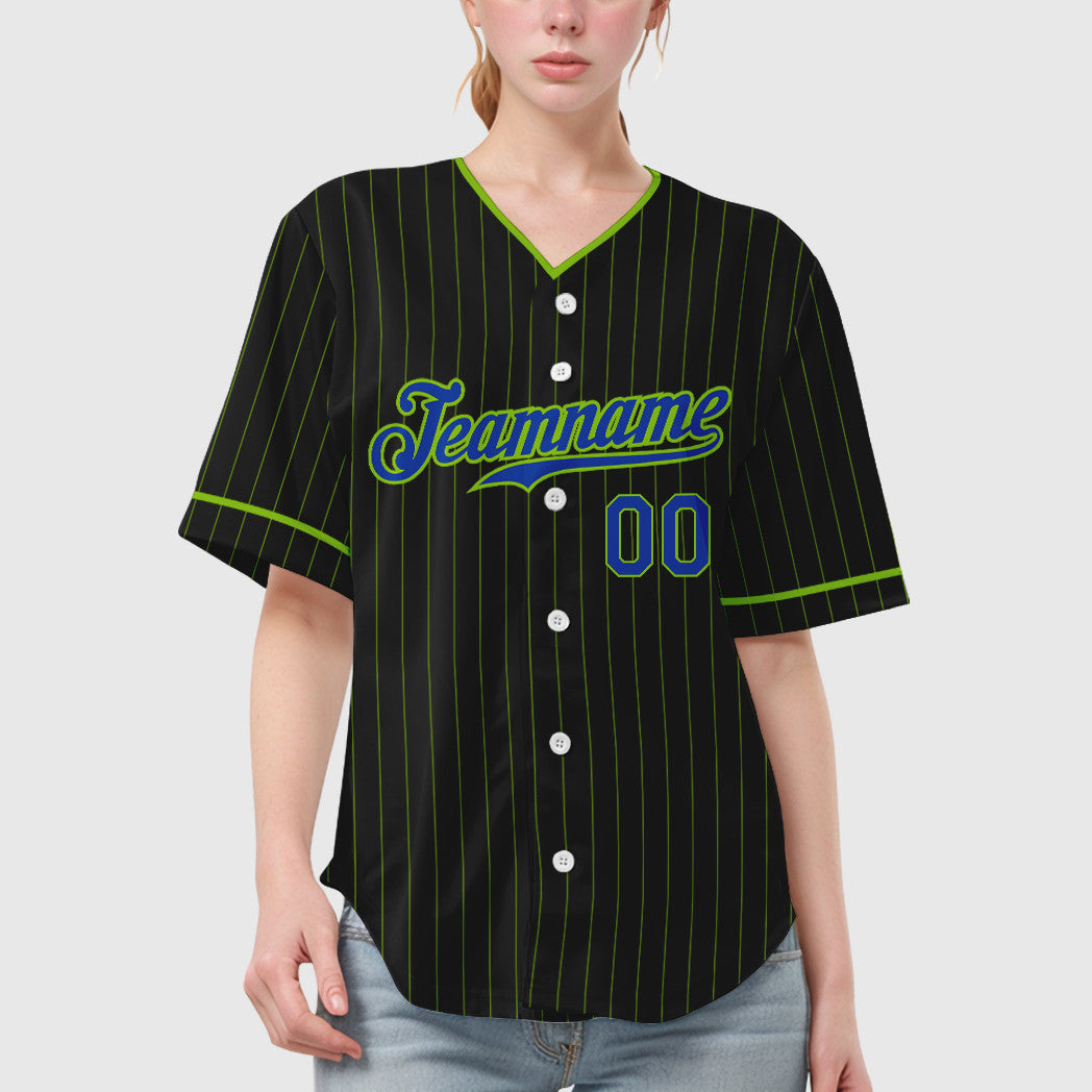 Custom Black Neon Green Thunder Blue Pinstripe Baseball Jersey