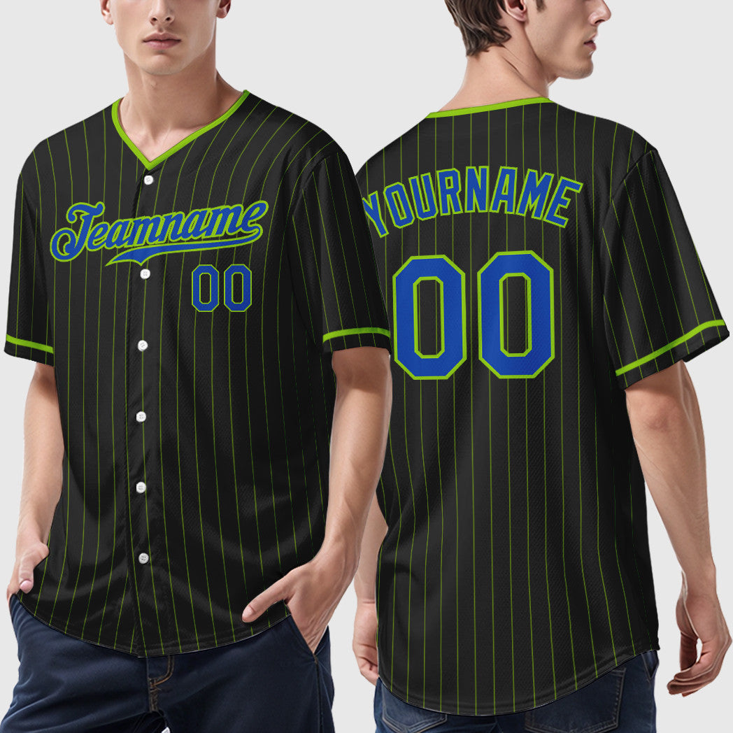 Custom Black Neon Green Thunder Blue Pinstripe Baseball Jersey
