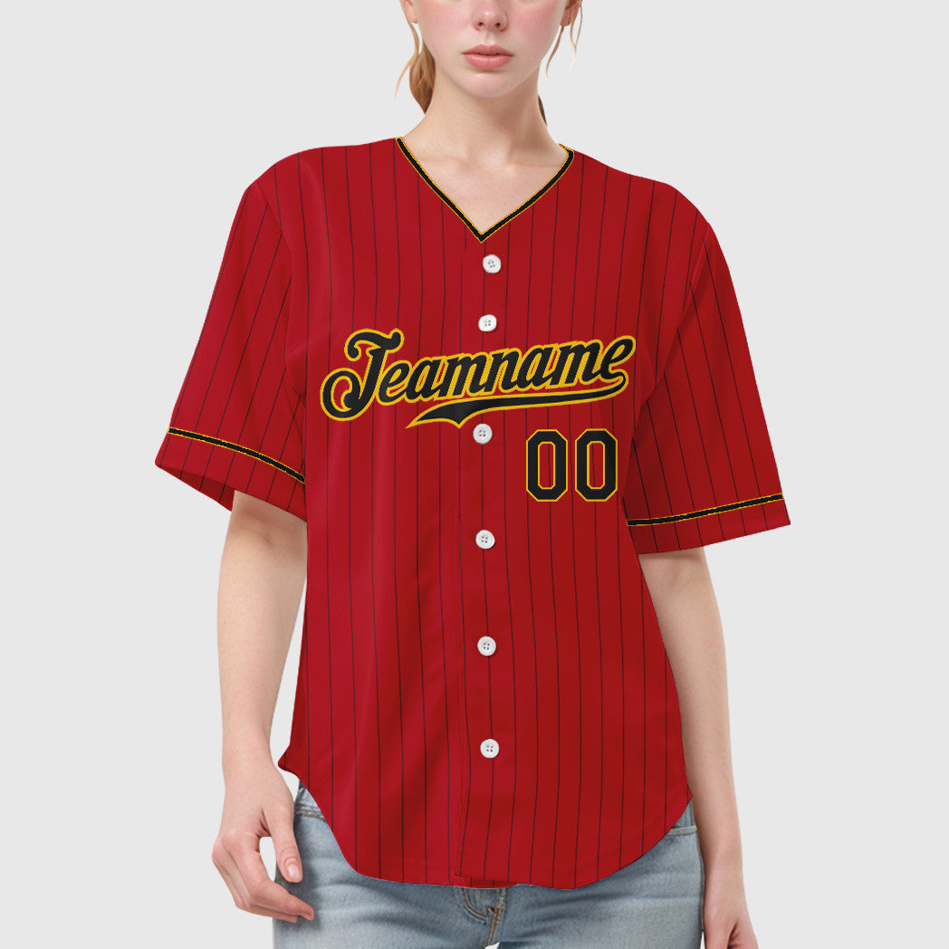 Custom Red Black Black-Gold Pinstripe Baseball Jersey