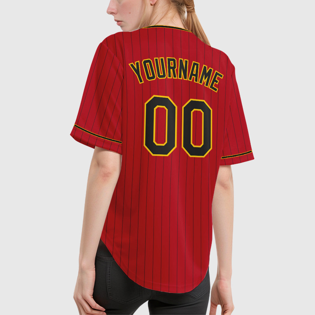 Custom Red Black Black-Gold Pinstripe Baseball Jersey