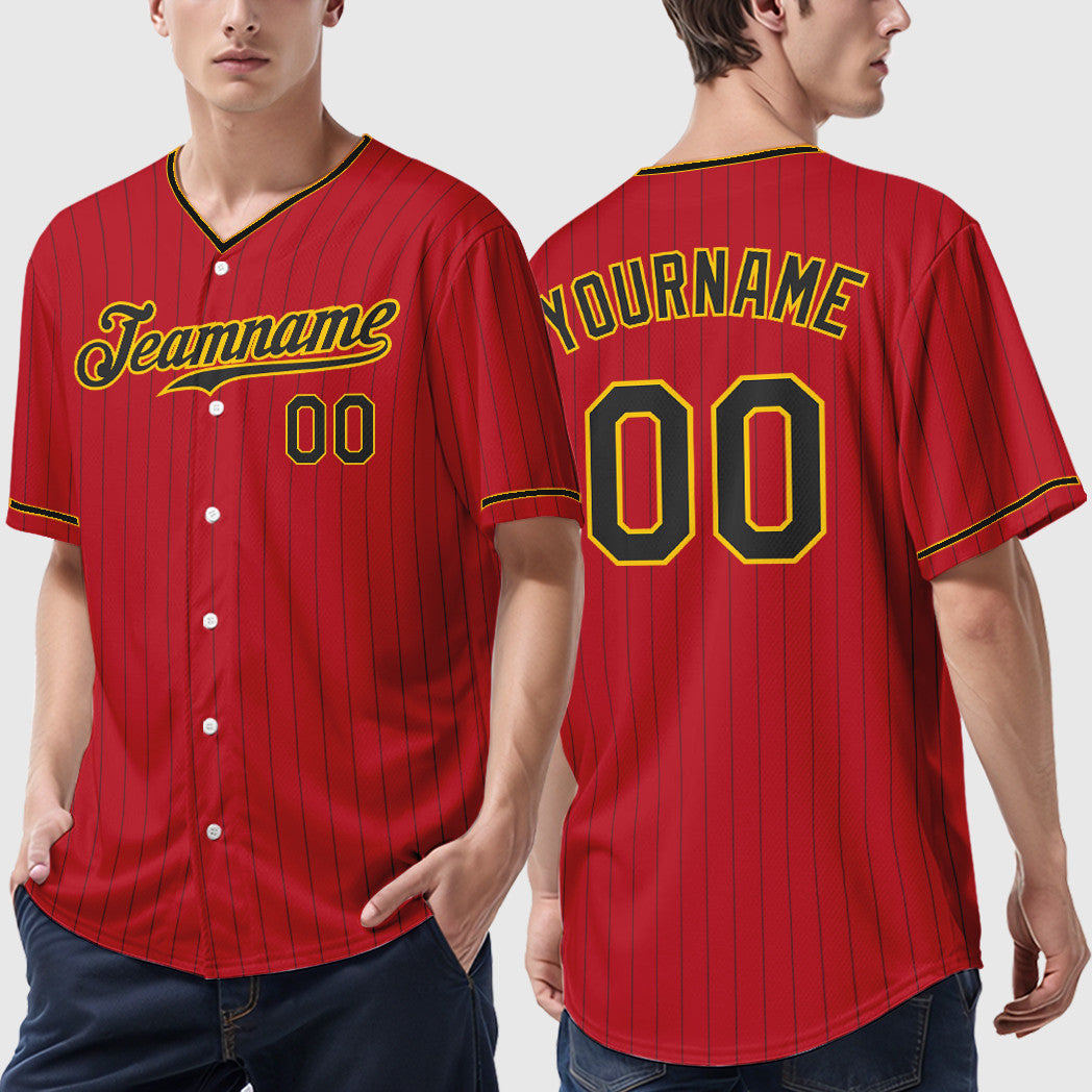 Custom Red Black Black-Gold Pinstripe Baseball Jersey