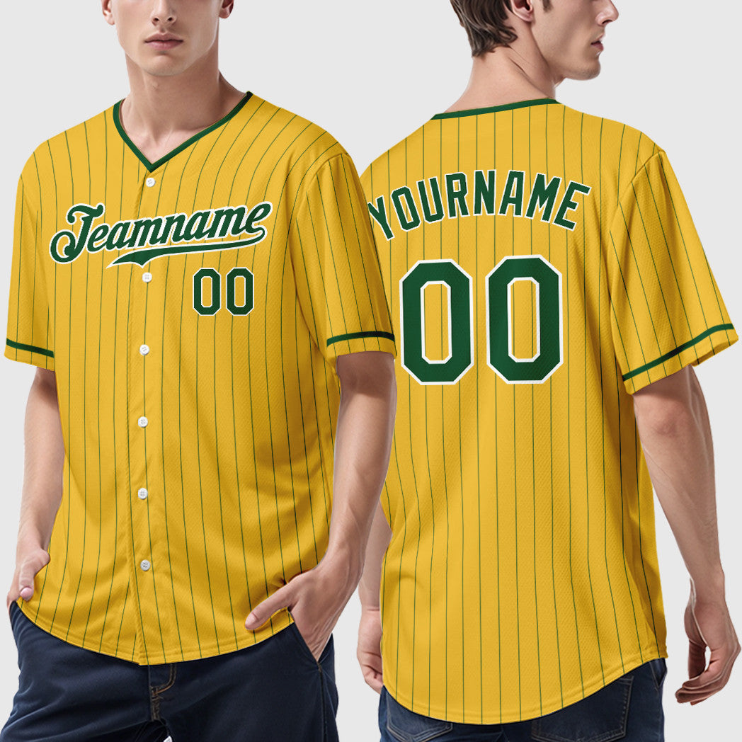 Custom Yellow Green Green-White Pinstripe Baseball Jersey