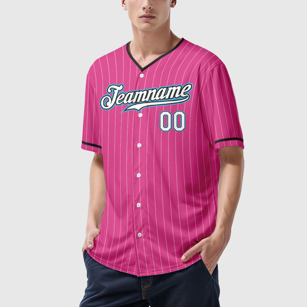 Custom Pink White Sky Blue Pinstripe Baseball Jersey