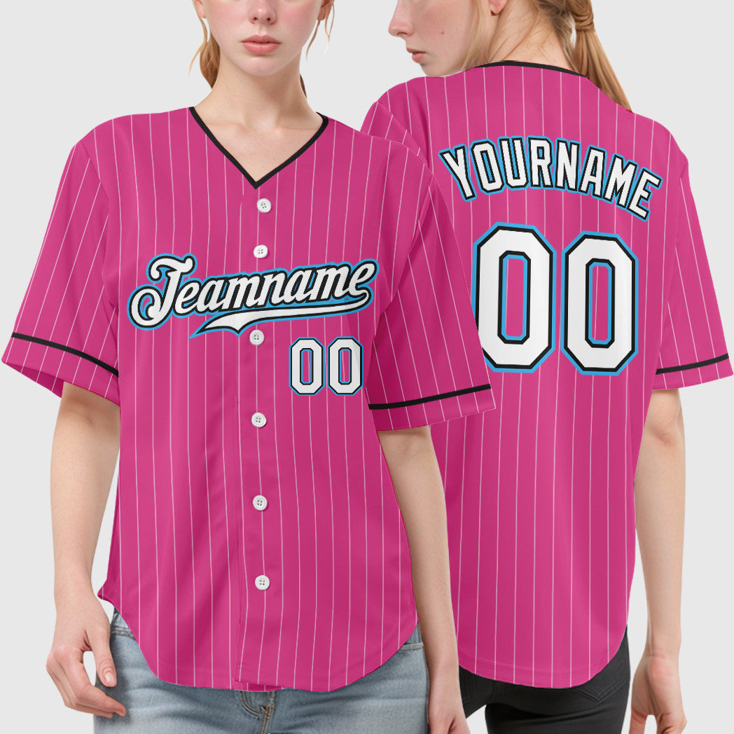 Custom Pink White Sky Blue Pinstripe Baseball Jersey