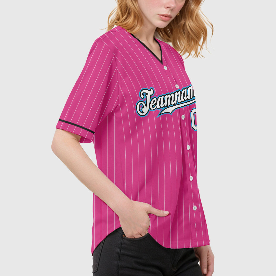 Custom Pink White Sky Blue Pinstripe Baseball Jersey