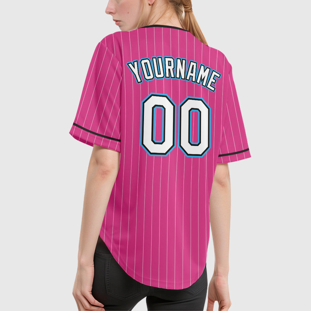 Custom Pink White Sky Blue Pinstripe Baseball Jersey