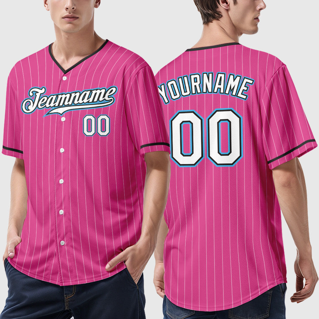 Custom Pink White Sky Blue Pinstripe Baseball Jersey