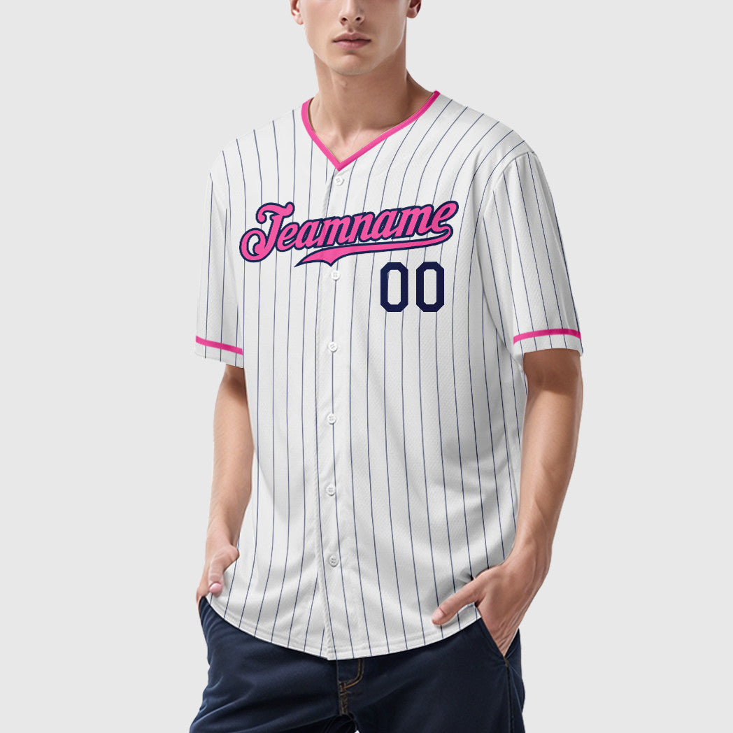 Custom White Navy Pink Pinstripe Baseball Jersey