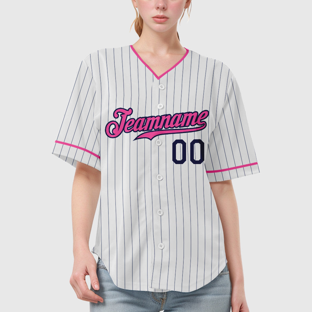 Custom White Navy Pink Pinstripe Baseball Jersey