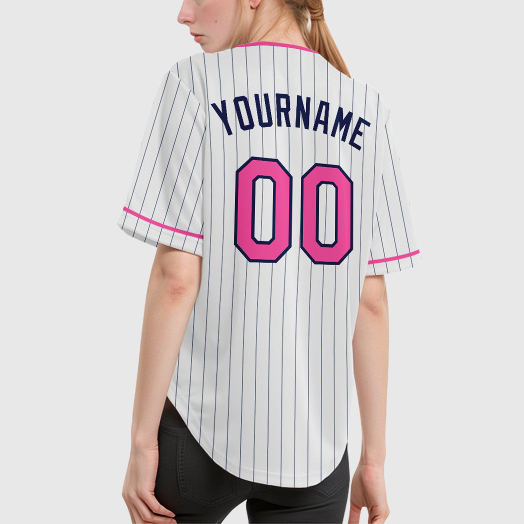 Custom White Navy Pink Pinstripe Baseball Jersey