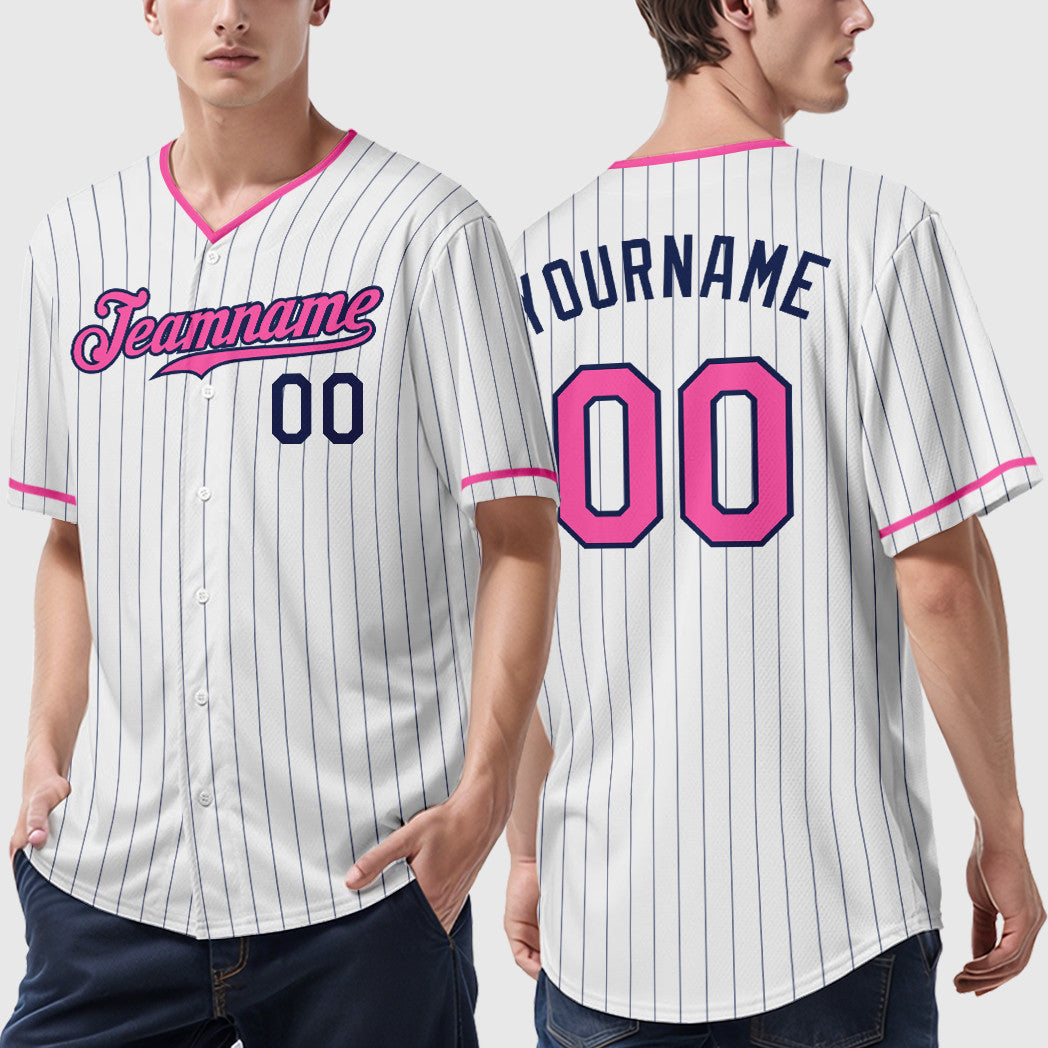 Custom White Navy Pink Pinstripe Baseball Jersey