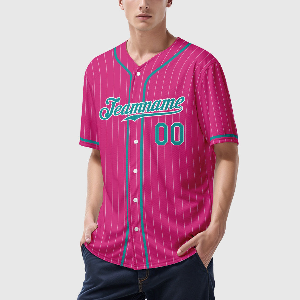 Custom Pink White Teal Piping Pinstripe Baseball Jersey