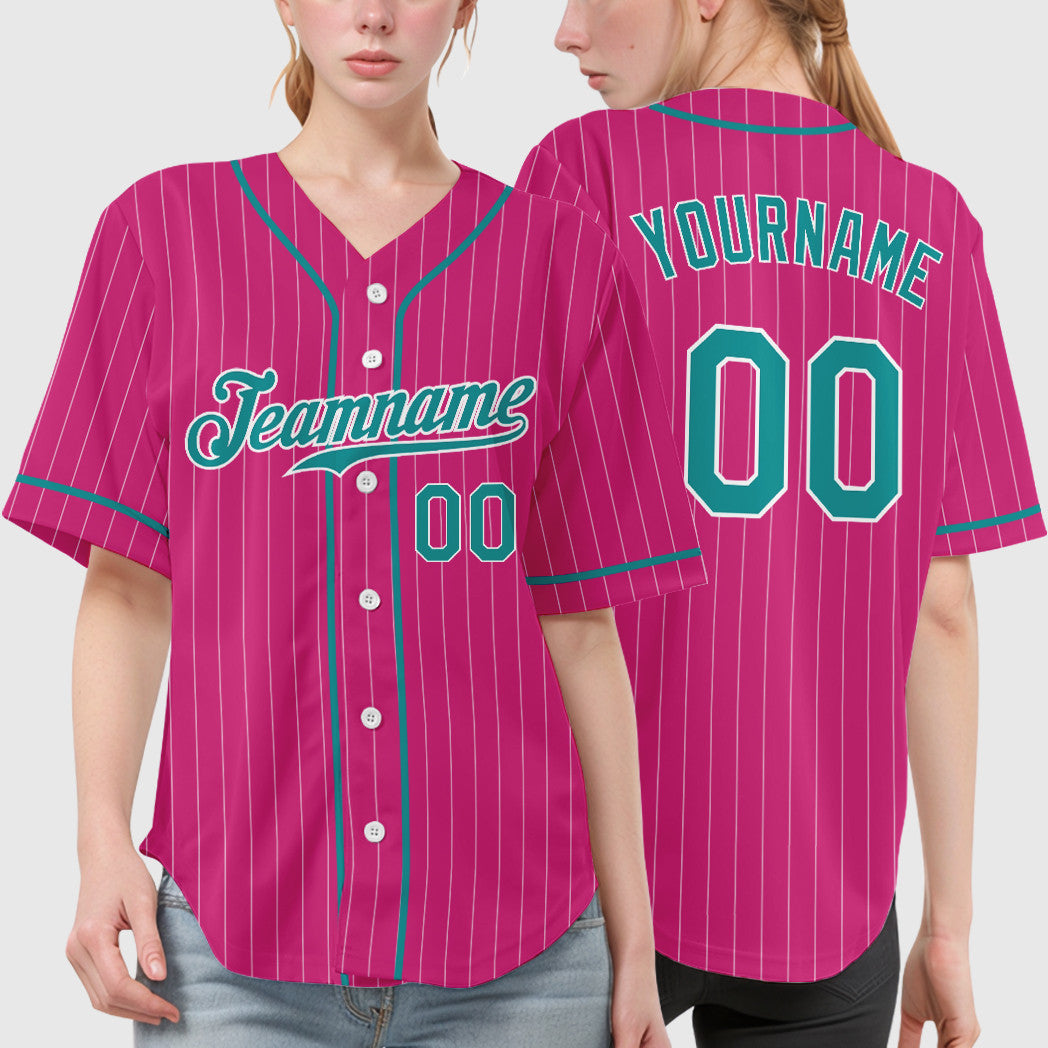 Custom Pink White Teal Piping Pinstripe Baseball Jersey