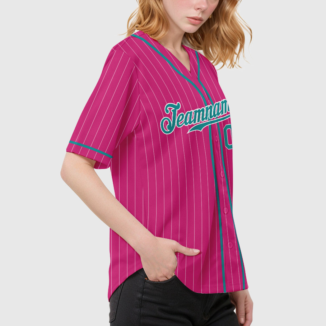 Custom Pink White Teal Piping Pinstripe Baseball Jersey